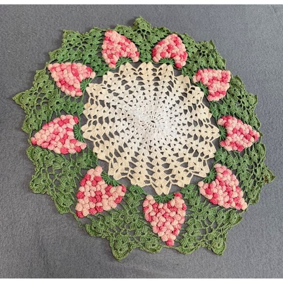 Handmade Crocheted Doily with Pink & Green Floral Design Vintage 14" Round - Picture 1 of 8